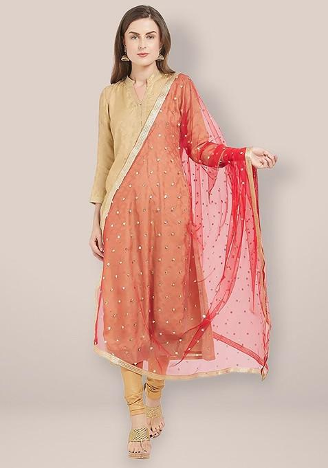 Red And Gold Toned Embroidered Dupatta With Sequinned