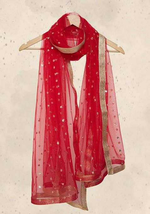 Red And Gold Toned Embroidered Dupatta With Sequinned