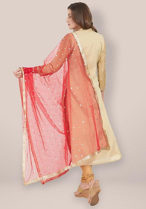Red And Gold Toned Embroidered Dupatta With Sequinned