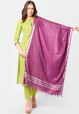 Purple And Silver Toned Linen Dupatta With Zari