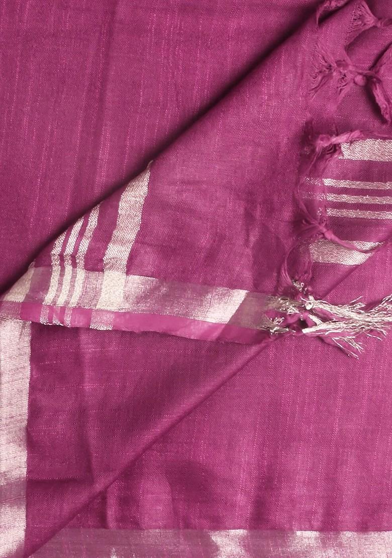 Purple And Silver Toned Linen Dupatta With Zari