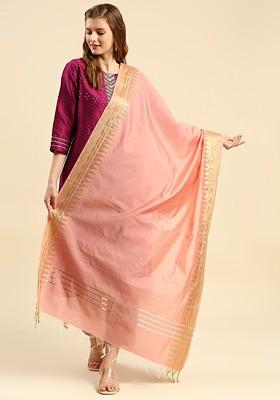 Peach Coloured And Gold Toned Ethnic Motifs Woven Design Dupatta With Zari