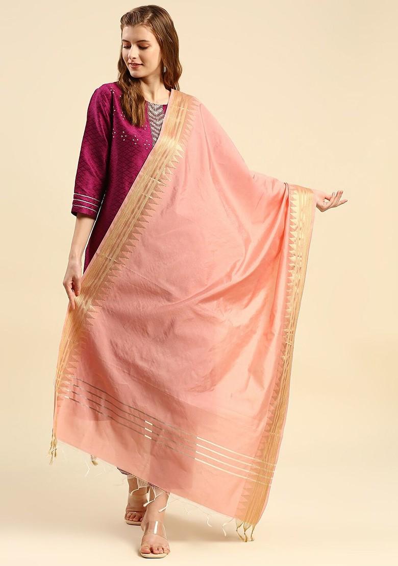 Peach Coloured And Gold Toned Ethnic Motifs Woven Design Dupatta With Zari