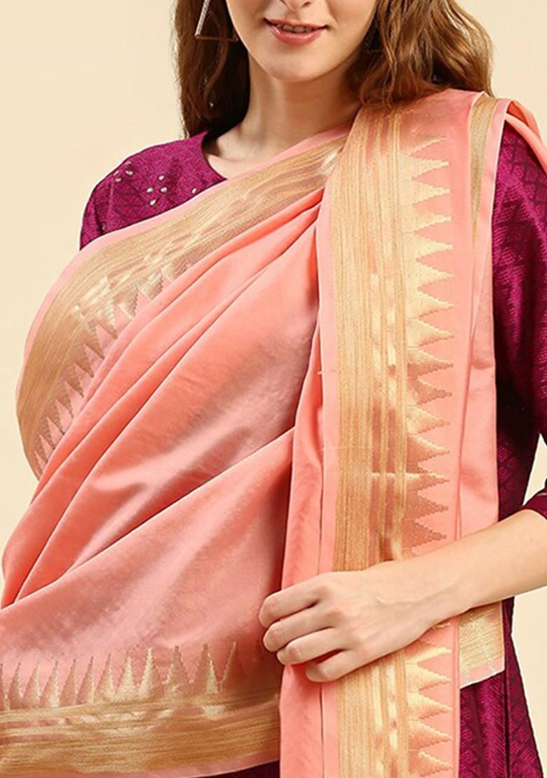 Peach Coloured And Gold Toned Ethnic Motifs Woven Design Dupatta With Zari