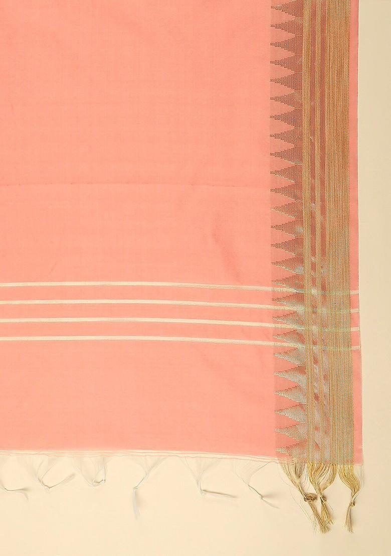 Peach Coloured And Gold Toned Ethnic Motifs Woven Design Dupatta With Zari