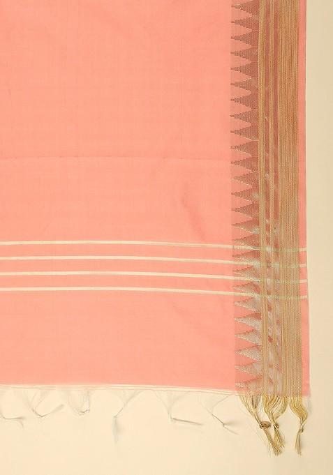 Peach Coloured And Gold Toned Ethnic Motifs Woven Design Dupatta With Zari