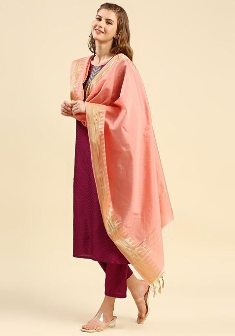 Peach Coloured And Gold Toned Ethnic Motifs Woven Design Dupatta With Zari