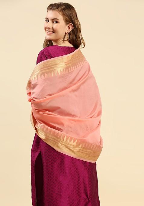 Peach Coloured And Gold Toned Ethnic Motifs Woven Design Dupatta With Zari
