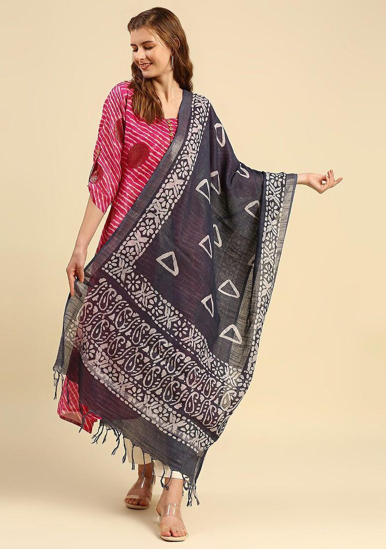 Grey And White Ethnic Motifs Printed Batik Dupatta
