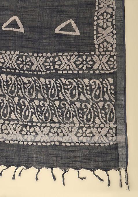 Grey And White Ethnic Motifs Printed Batik Dupatta