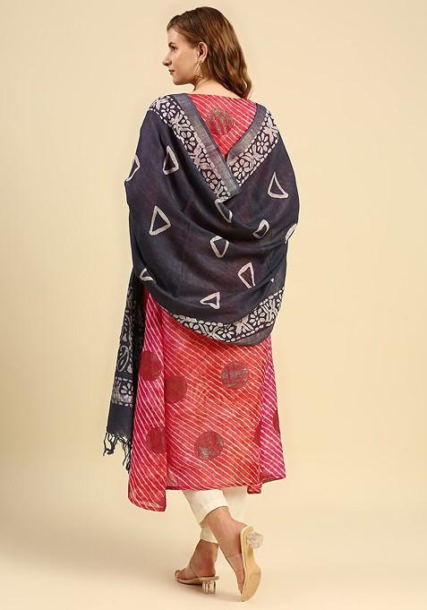 Grey And White Ethnic Motifs Printed Batik Dupatta