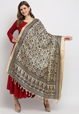 Beige And Black Ethnic Motifs Printed Dupatta