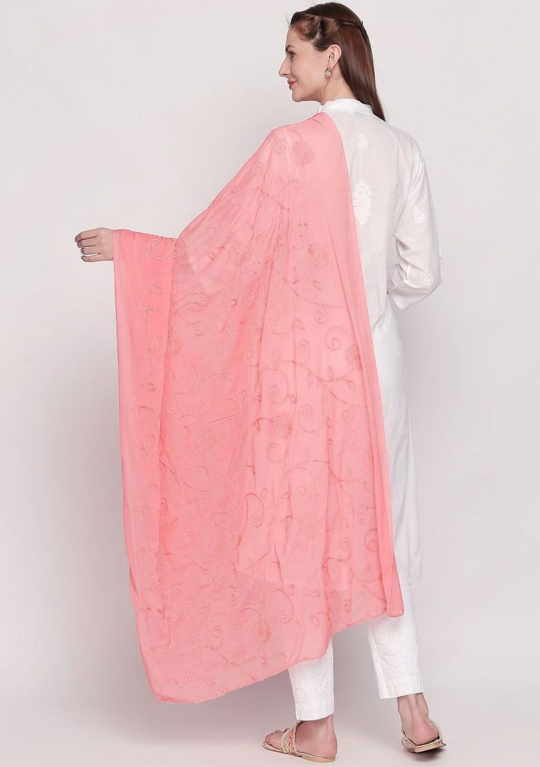 Peach Coloured Embroidered Chiffon Dupatta