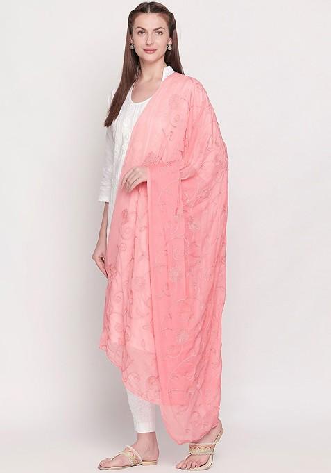 Peach Coloured Embroidered Chiffon Dupatta