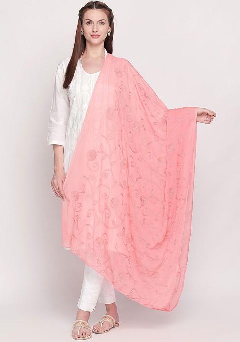 Peach Coloured Embroidered Chiffon Dupatta