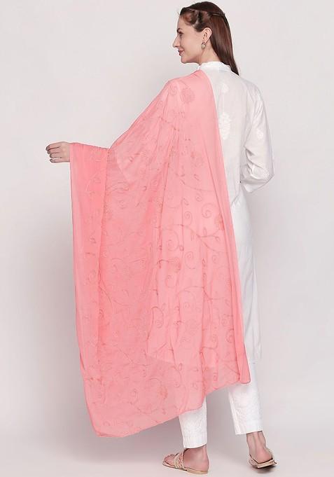 Peach Coloured Embroidered Chiffon Dupatta