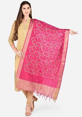 Pink And Gold Toned Embroidered Dupatta