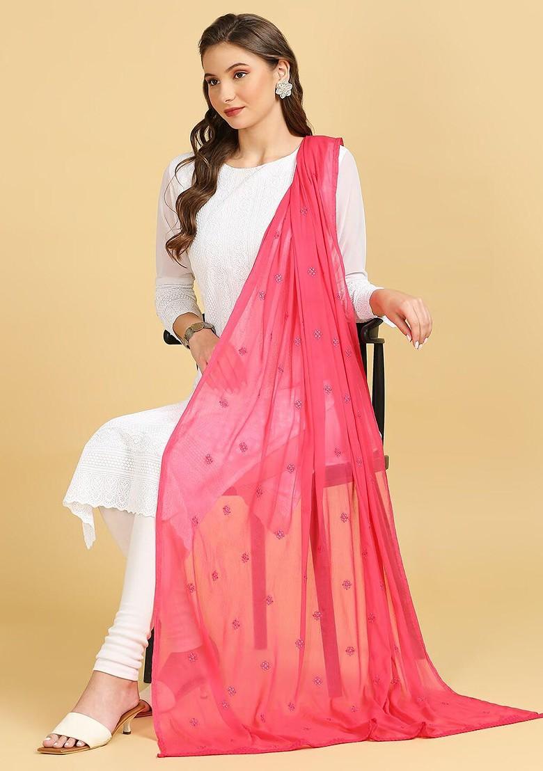 Floral Embroidered Chiffon Dupatta With Sequinned