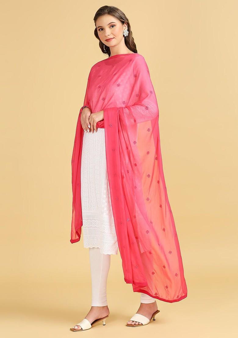 Floral Embroidered Chiffon Dupatta With Sequinned