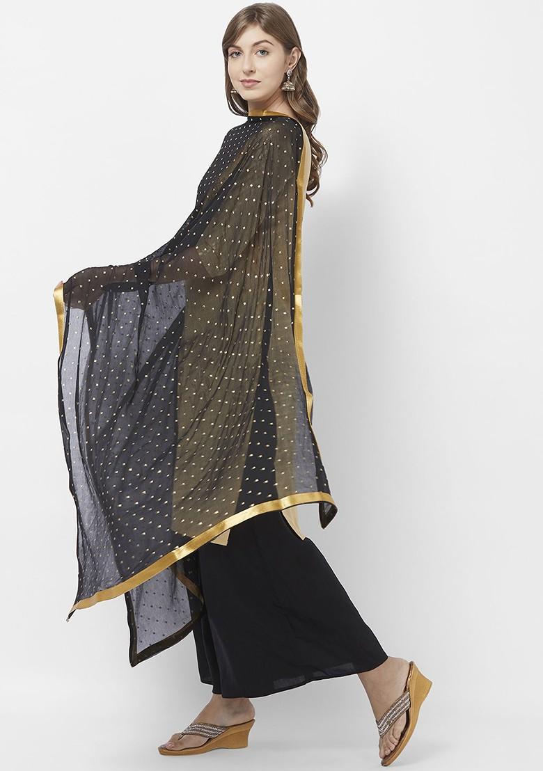 Women Black And Gold Toned Embellished Dupatta