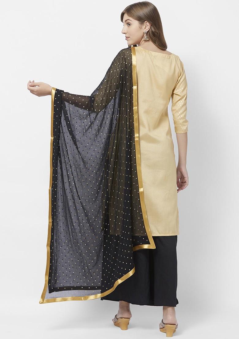 Women Black And Gold Toned Embellished Dupatta