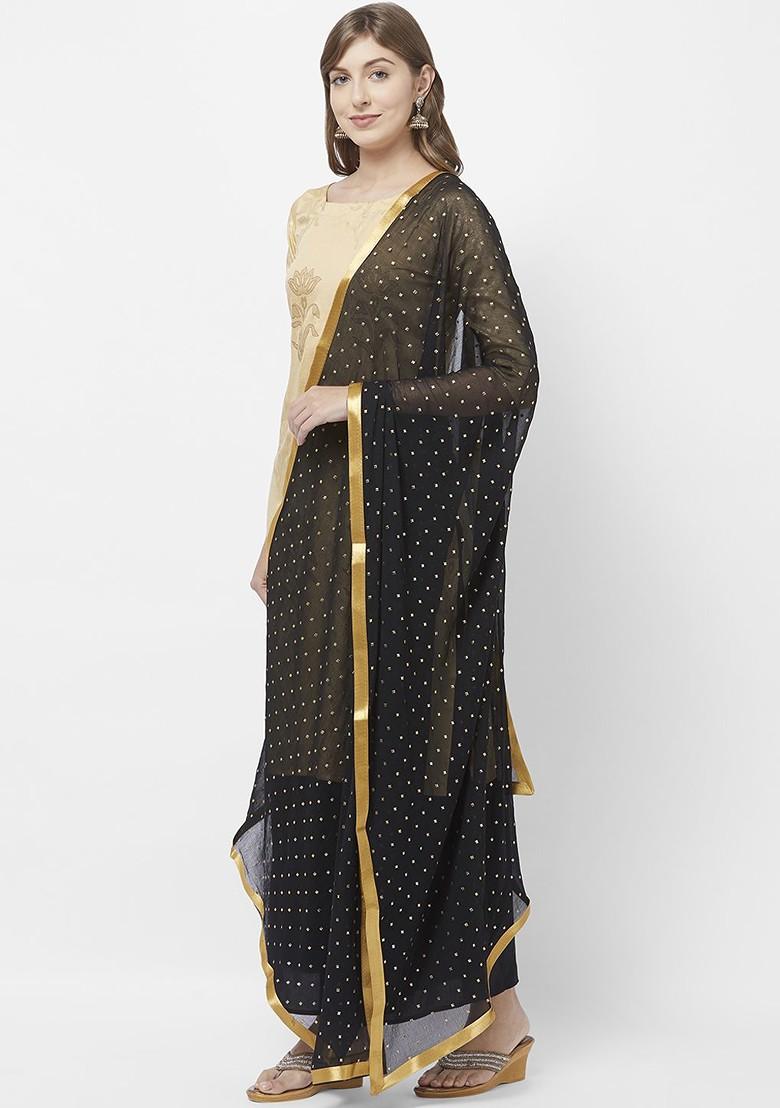 Women Black And Gold Toned Embellished Dupatta