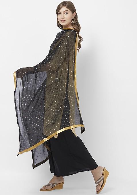 Women Black And Gold Toned Embellished Dupatta