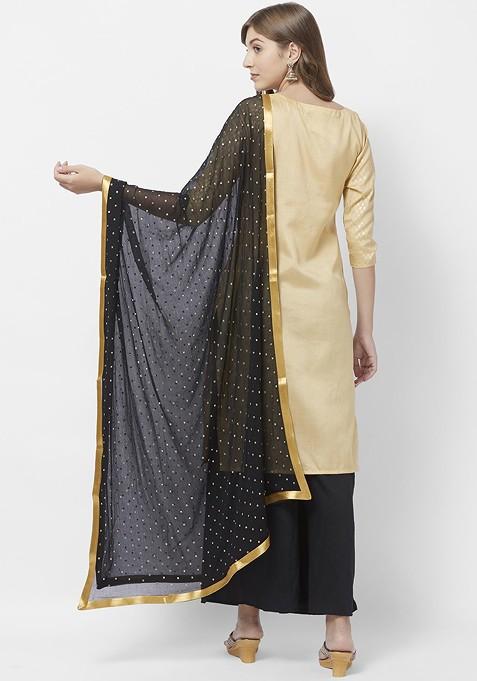 Women Black And Gold Toned Embellished Dupatta