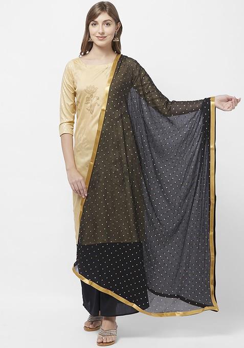 Women Black And Gold Toned Embellished Dupatta