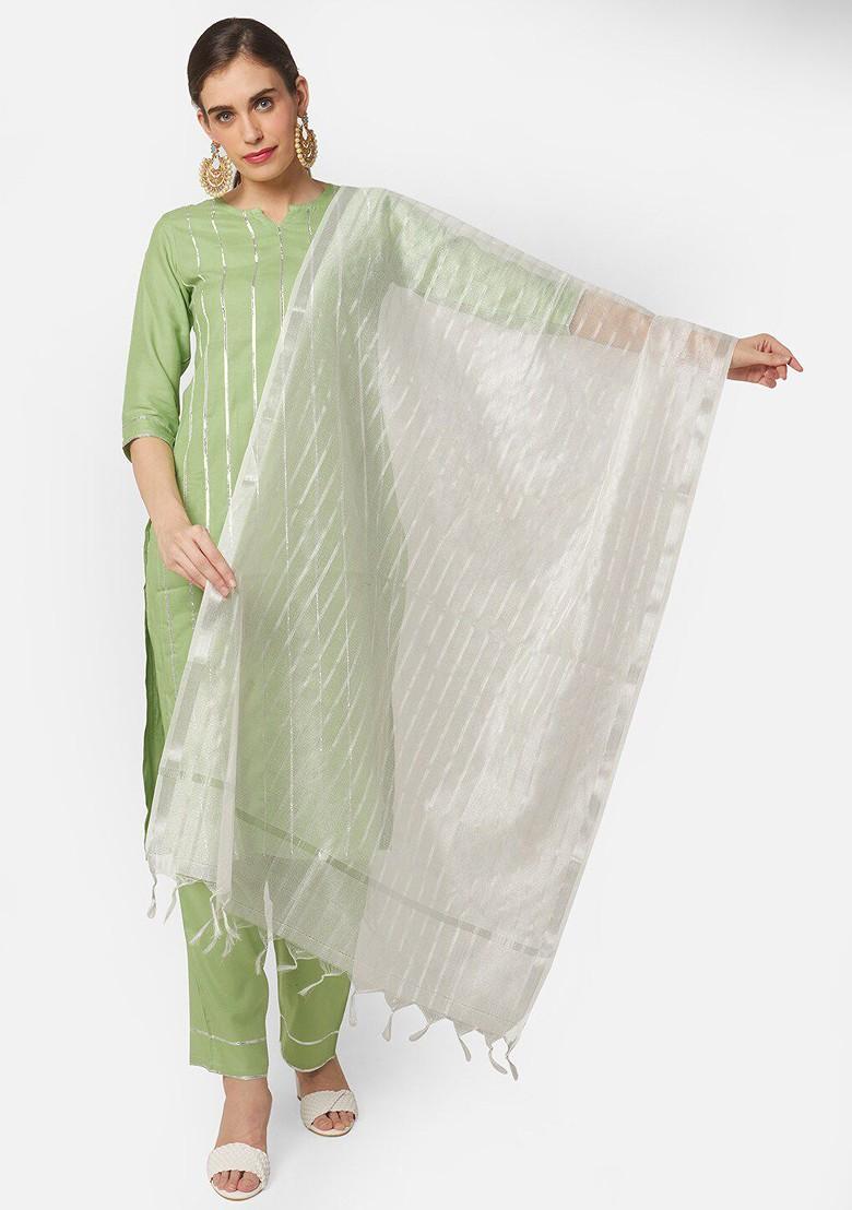 White And Silver Toned Woven Design Dupatta