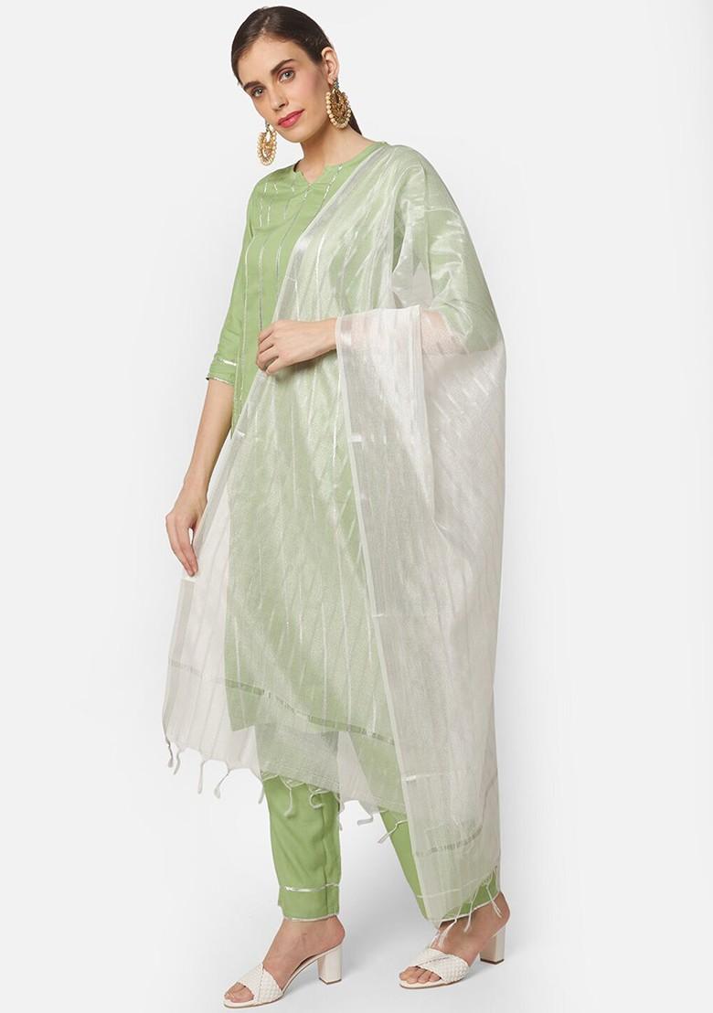 White And Silver Toned Woven Design Dupatta