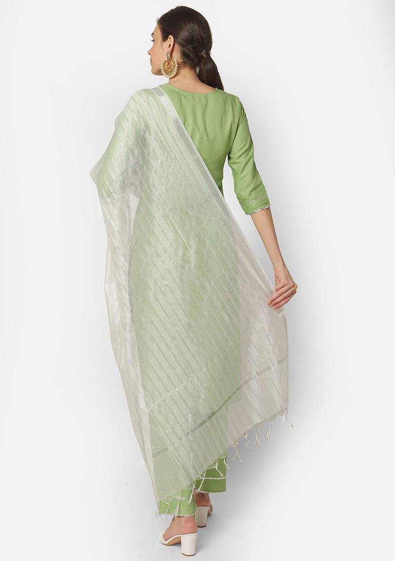 White And Silver Toned Woven Design Dupatta