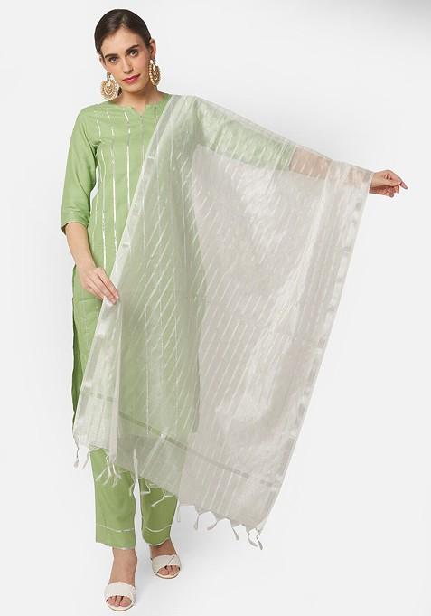 White And Silver Toned Woven Design Dupatta