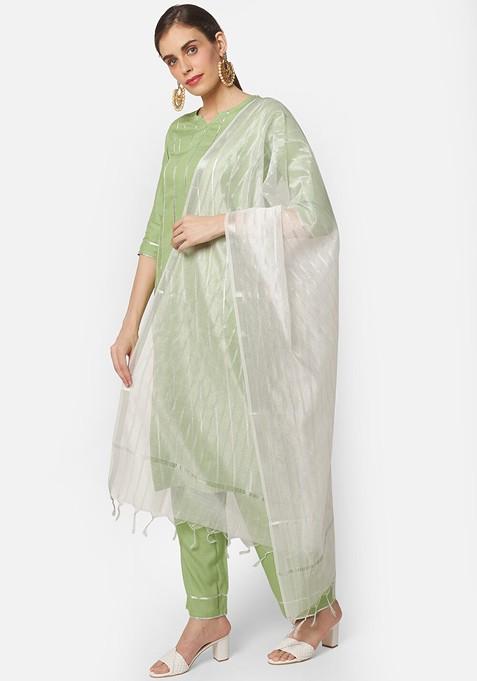 White And Silver Toned Woven Design Dupatta