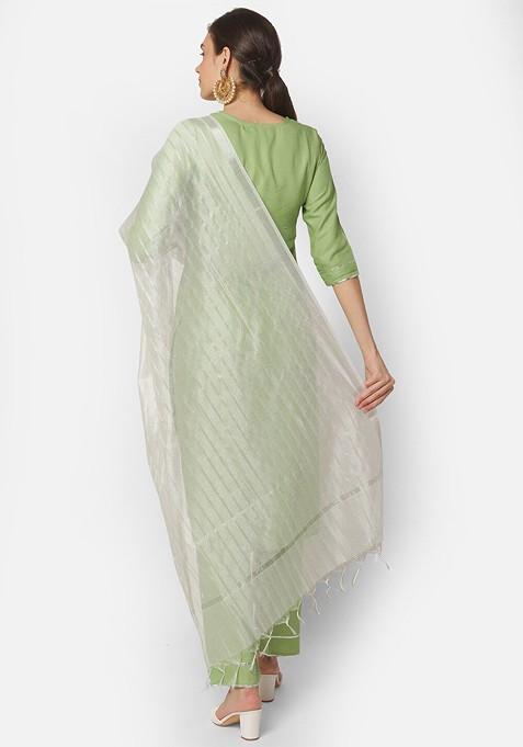 White And Silver Toned Woven Design Dupatta