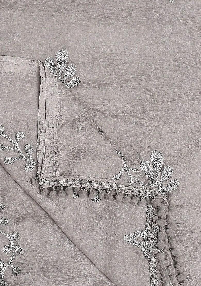 Embroidered Chiffon Dupatta With Pom Pom Lace