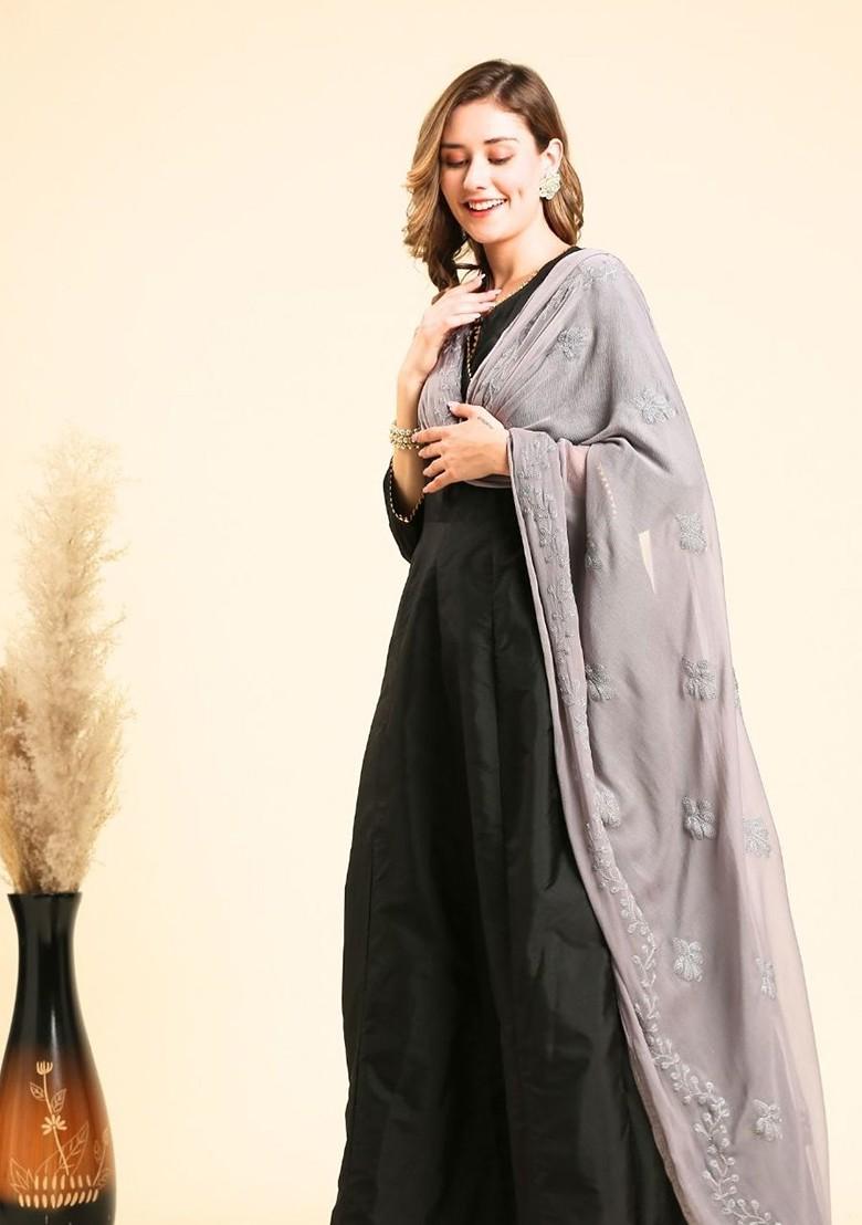 Embroidered Chiffon Dupatta With Pom Pom Lace