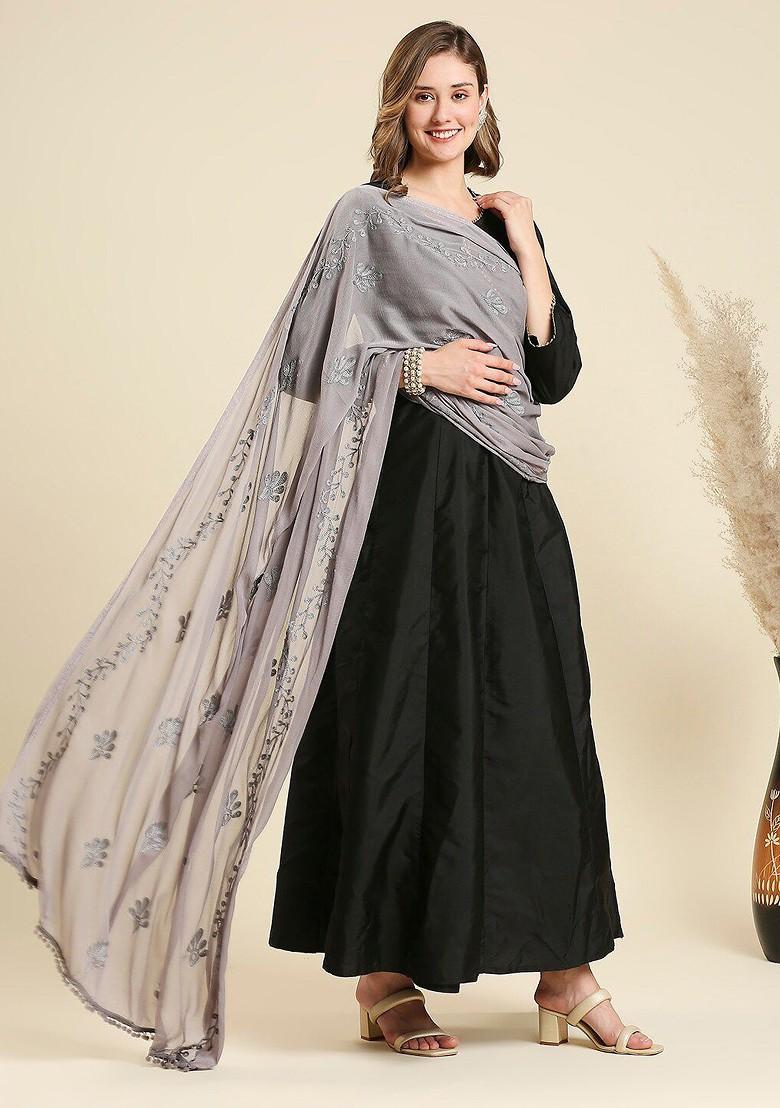 Embroidered Chiffon Dupatta With Pom Pom Lace