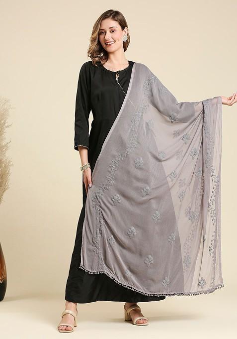 Embroidered Chiffon Dupatta With Pom Pom Lace