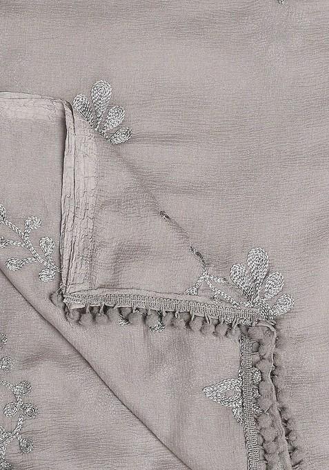 Embroidered Chiffon Dupatta With Pom Pom Lace