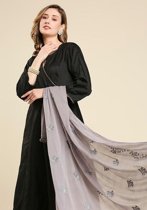 Embroidered Chiffon Dupatta With Pom Pom Lace