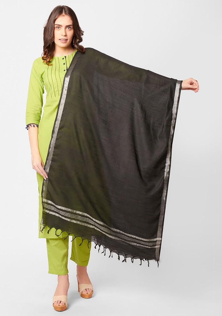 Black Linen Dupatta With Zari