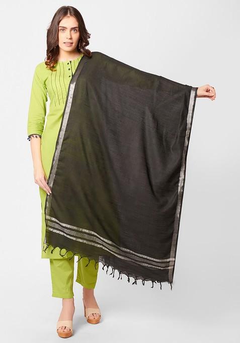 Black Linen Dupatta With Zari