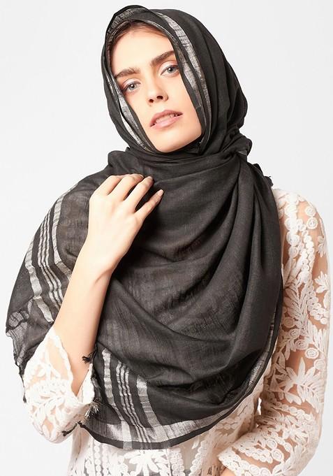 Black Linen Dupatta With Zari