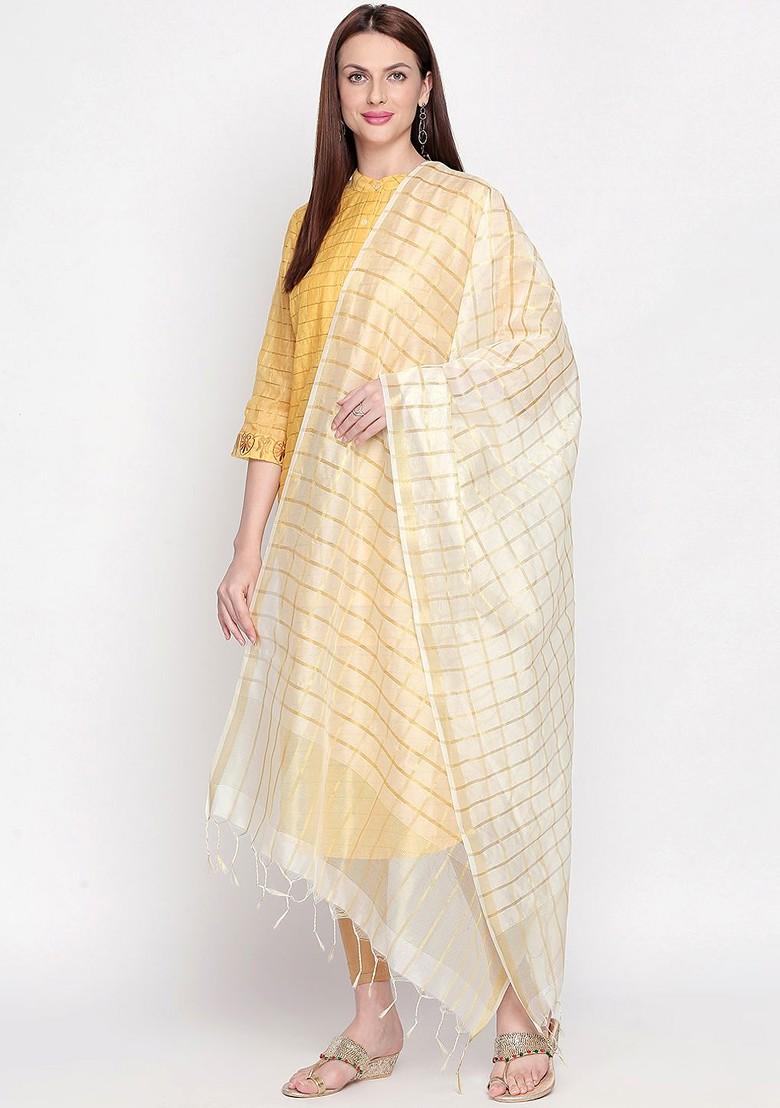 Women White And Gold Toned Checked Dupatta