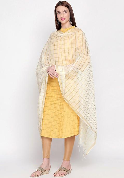 Women White And Gold Toned Checked Dupatta