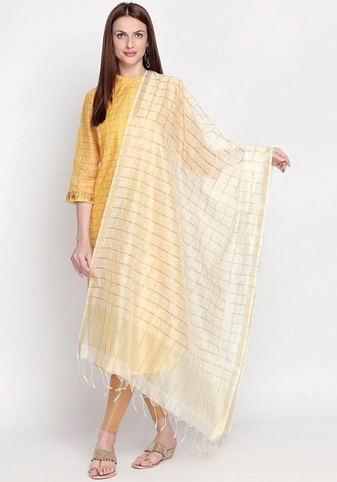 Women White And Gold Toned Checked Dupatta
