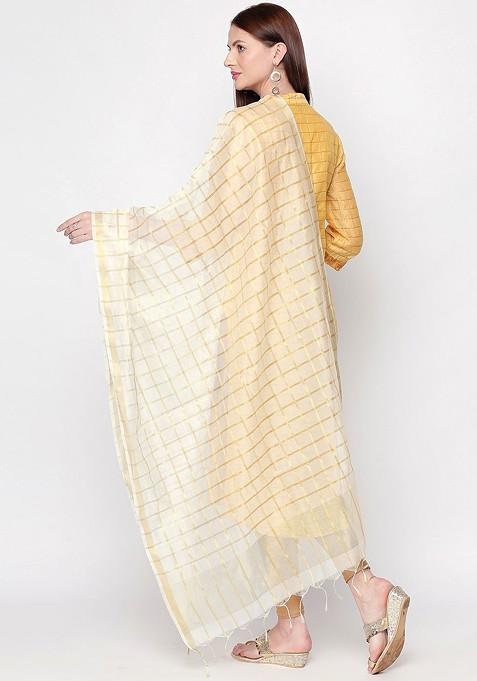 Women White And Gold Toned Checked Dupatta