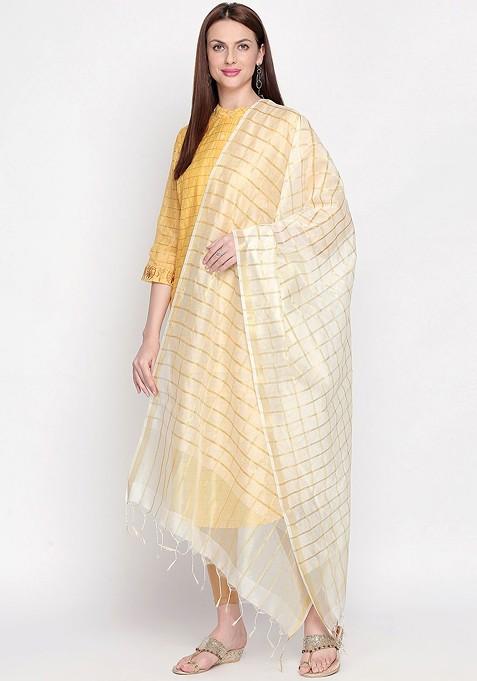 Women White And Gold Toned Checked Dupatta