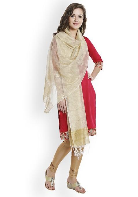 Beige And Gold Toned Woven Design Dupatta
